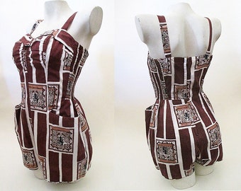 CLEARANCE Adorable Hawaiian Alfred Shaheen Playsuit Swimsuit Asian tiki motif VLV Rockabilly Pinup Girl Vintage Hawaiiana Size Small