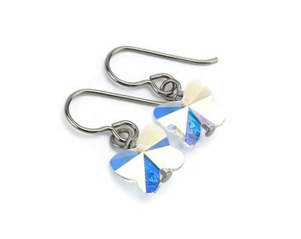 Titanium Earrings Aurora Borealis Crystal Butterfly, Clear Aurora Borealis Crystal Swarovski Butterfly Sensitive Ears Earrings for Girls