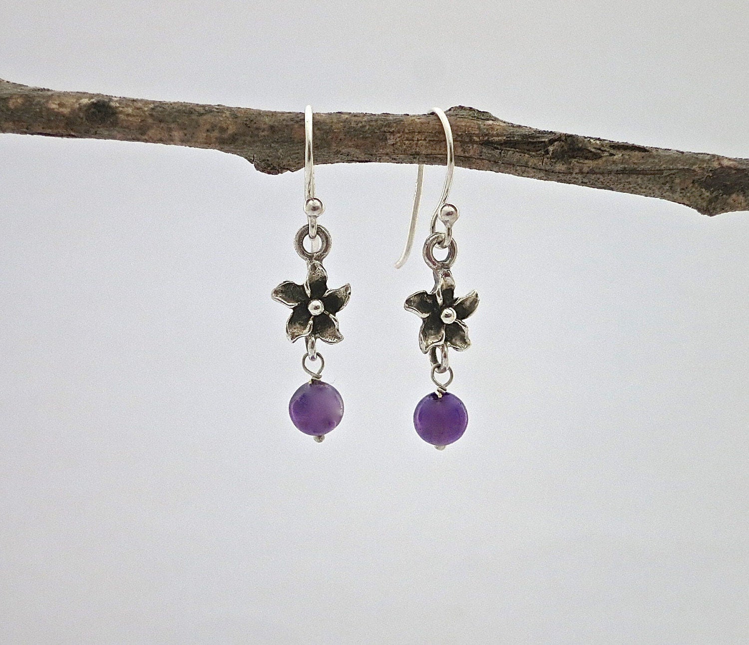 Handmade Earrings Silver Flower Earrings Amethyst Earrings