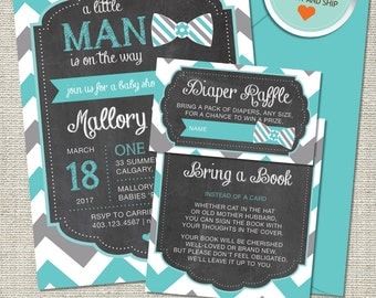 Little Man Baby Shower Invitation, Little Man Invitation, Little Man, Teal, Gray, Chevron | Printed