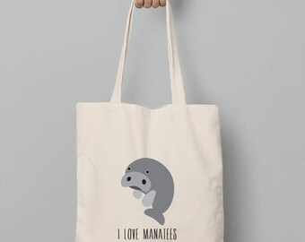 Personalized Manatee canvas tote bag, custom name, custom text, Manatee personalize gift
