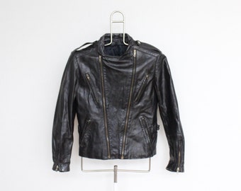 Black Leather Motorcycle Jacket Mens Womens Extra Small XS 36 Petite Unisex Moto Biker Jacket Punk Coat Cafe Racer Vintage 80s