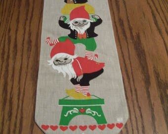 Scandinavian Wall Hanging Burlap Decorative Traditional Swedish Folk Art Design with Pixies Elves Bell 7" x 30" Vintage Holiday Decor