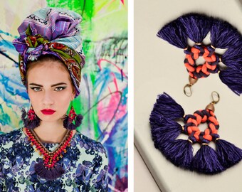 Tassel Earrings, Statement Earrings, Large Earrings, Boho Earrings, Hippie Earrings, Frida Kahlo Style, Fabric Earrings, Yarn Earrings