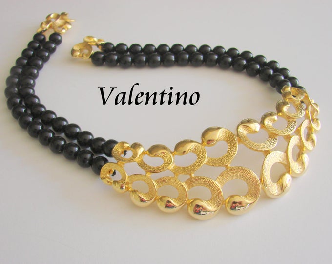 Valentino Runway Haute Couture Brushed Gold Plate Black Bead Bib Necklace / Designer Signed "Vc" / Vintage Jewelry / Jewellery
