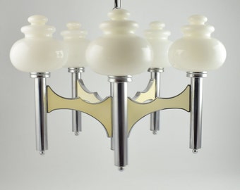 Sciolari hanglamp, grote Italiaanse vijf arm regentschap kroonluchter in chrome en wit glas