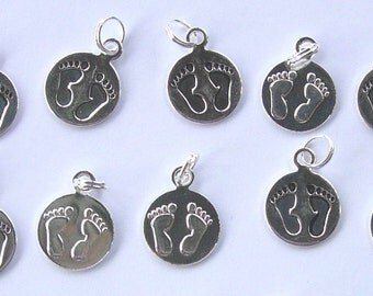 Silver Metal Baby Footprint Charms | double sided 1/2 inch round | baby shower | favor | gender reveal | pack of 10