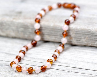 Baltic amber teething necklace with Pink Quartz