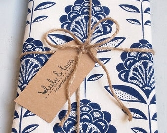 Tea towel, screen printed with art deco peacock flower pattern, cotton kitchen/dish towels in navy blue or lime made in uk, perfect gift