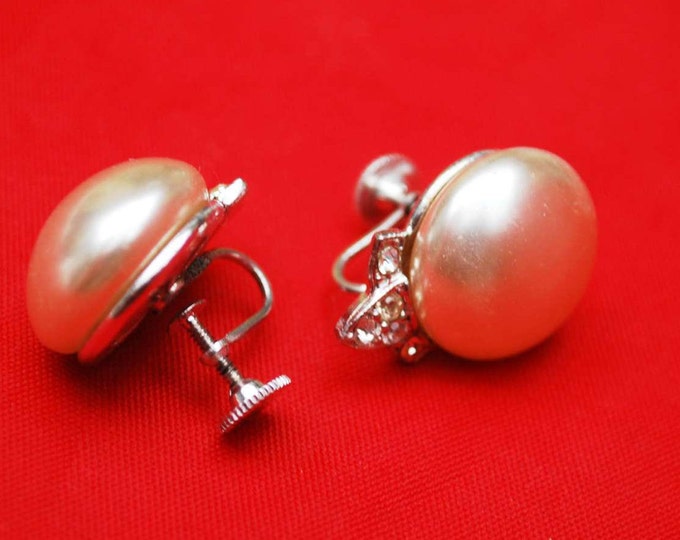 Cream White Pearl rhinestone Earrings - signed Marvella - screw back earring - Wedding bride