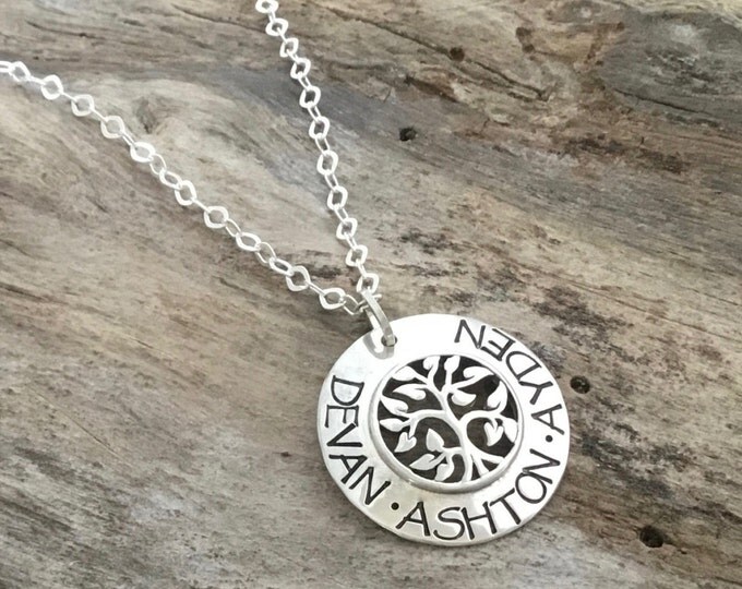 Sterling Silver Tree necklace - Hand Stamped Mom Necklace - Personalized Grandma Name Jewelry