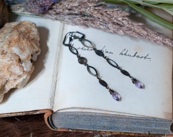 Extra long earrings, amethyst and antiqued brass, shoulder duster earrings, statement earrings, long gemstone dangle earrings, leverbacks.