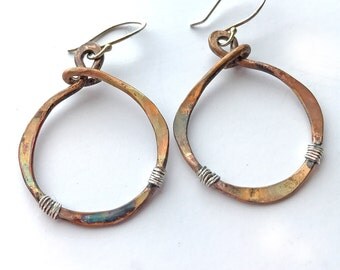 Mixed Metal Earrings, Rustic Bronze Earrings, Bronze Earrings, Boho Earrings, Hammered Bronze Earrings, Patina Earrings, Hammered Earrings
