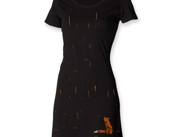Funky t shirt dress, gift for her, fox dress, fox in the rain, foxy tee dress, painted apparel, hipster women dress