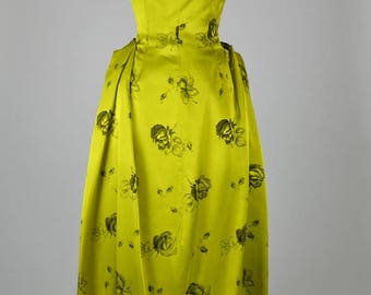 1950s Vintage Dress Acid Green Satin with Black Roses