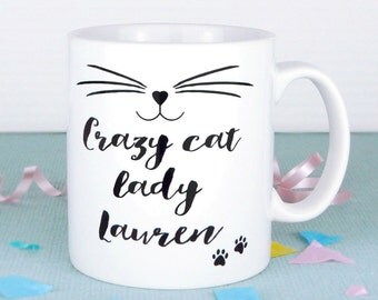 Personalised Crazy Cat Lady Mug, New Design with Paw Prints, Kitten Mug, Cat Face, Coffee Cup, UK