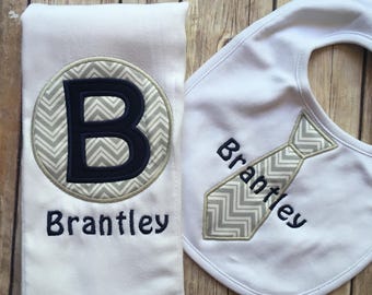 Baby Boy Personalized Burp Cloth Bib Set, Monogrammed Baby Boy Gift, Custom Embroidered Burp Cloth Set, Applique Burp Cloth, Tie Bib
