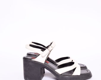 Vintage 90's Black and White ESPRIT Slingback Chunky Heel Sandals