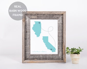 Framed Custom Long Distance Love Print, 5x7, 8x10, 11x14, State to State Print, Miss You Map, Two State Map Print, I Love You Gift