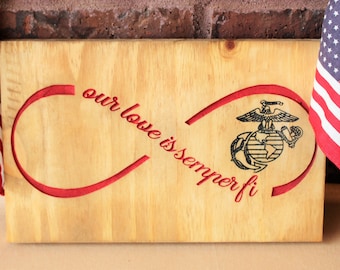 USMC girlfriend, USMC wife, Marine girlfriend, Marine wife, Our love is Semper Fi with infinity symbol and EGA, Carved Wood Sign