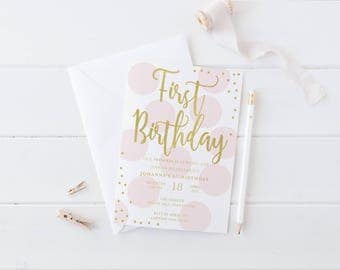 Pink and Gold First Birthday Invitation, Polka Dot 1st Birthday Invitation, Girl Birthday, Gold Glitter