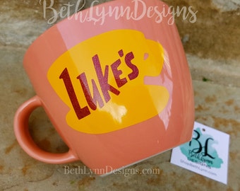 GLITTER! "Just Peachy" | Original Luke's Diner Inspired stoneware Big Mug | Luke's Diner | Gilmore Girls | VINYL decal logo on BOTH sides