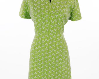 Vintage 1960s Lime Green and White Floral Mod Dress Size XL