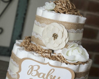 2 Tier Neutral Shabby Burlap Diaper Cake, Ivory Burlap Lace Ivory Gender Neutral, Cottage Chic Baby Shower, Rustic Decor Centerpiece
