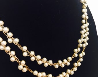 Vintage Napier Signed Gold Toned Faux Pearl Beaded Necklace