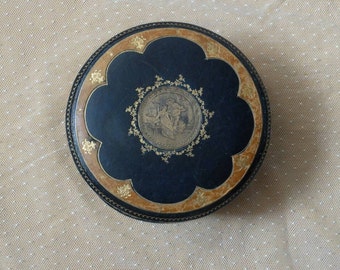 Antique leather jewellery box, boite a bijoux, navy blue, caramel, figural decoration, lovers, silk lined