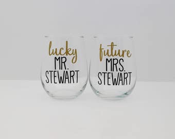 Lucky Mr. & Future Mrs. - Mr. and Mrs. Wine Glasses - Stemless Glasses - Bride and Groom Wine Glasses - Last Name Wine Glasses - Couple