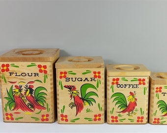 Set of 4 vintage Japanese wood canisters - 4 wood canisters hand painted with rooster, made in Japan: coffee, tea, flour, sugar