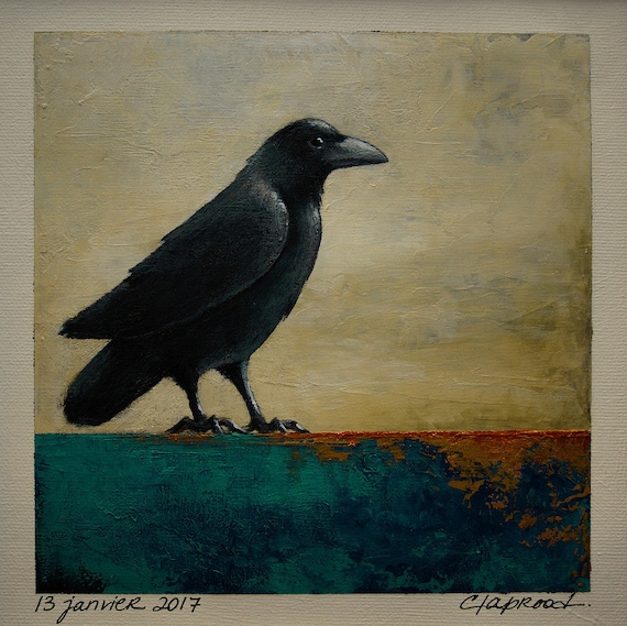 6x6 original art black bird painting bird picture small