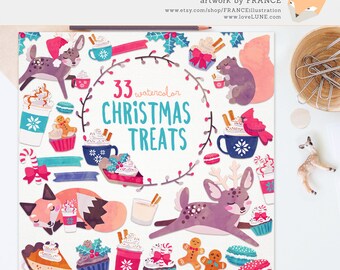 Watercolor Christmas Clipart. Christmas Treats. Cupcake, Eggnog, Macaron, Xmas Food, Squirrel, Reindeer, Fox, Gift Tag, CA008. GET 3 FOR 2.