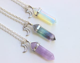 Moon Crystal Necklace, Healing Crystal Necklace, Moon Phase Necklace, Opalite Necklace, Fluorite Necklace, Purple Fluorite Point, Lunar Cycl