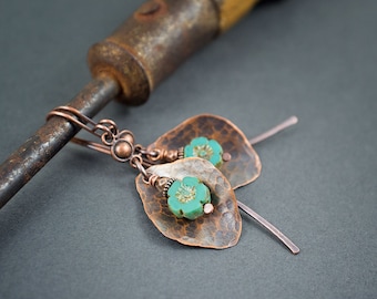 boho rustic earrings • floral earrings • hand hammered copper leave dangles • turquoise blue daisy earrings • oxidized copper • romantic