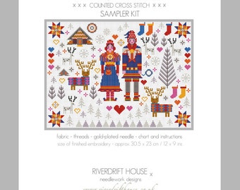 CROSS STITCH KIT Saami Lapland Folkies Sampler by Riverdrift House