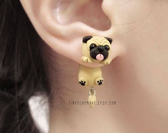 Cute Fat Pug Dog Clinging Earring, Two Part earring, Fake Gauge, Polymer Clay Earring