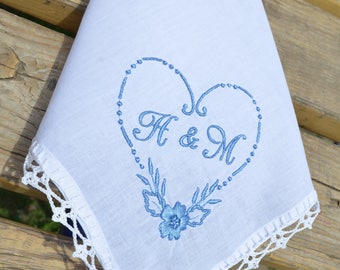 Personalized monogrammed hankerchief something blue handkerchief Bridesmaid gift monogram gift ideas lace handkerchief for wedding favors