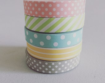 Pastel Washi Tape, Polka Dot Washi Tape, Planner Washi, Decorative Tape, Gift Wrapping Tape, Scrapbook Supply, Party Supplies (Set of 5)