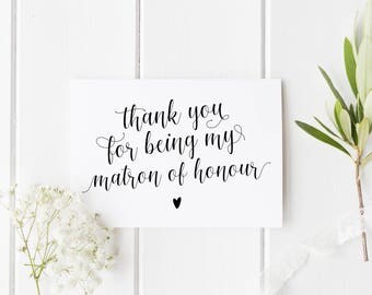 Thank You Matron Of Honour Card, Wedding Thank You Card, Matron Of Honor Card, Calligraphy Matron Of Honour Card, Best Friend Wedding Card