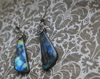 Winter Light- sterling silver earrings with asymetrical labradorite and onyx