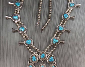 Vintage Sterling Silver Turquoise Squash Blossom Necklace Y. & N. Edsitty Turquoise Necklace Navajo Turquoise Native American Southwestern