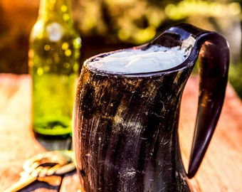 Viking Drinking Beer Horn Mug Set In Premium Gift Box – 20oz Handcrafted Ox Cup Goblet For Mead & Ale – Perfect Present, FREE Shot Glass