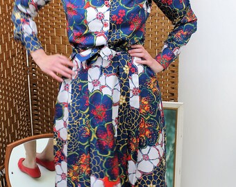 1960s/70s Handmade Bold Floral Print Collared Dress with Belt Size UK 10, US 6, EU 38