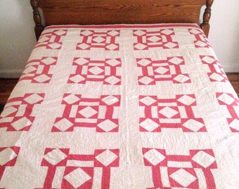 Vintage Red and White Quilt, Antique Red Quilt, Cutter Quilt, Stacker, Hand Stiched Summer Quilt, 76x78, Red and White Crafting Quilt
