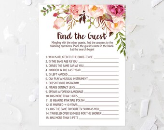 Bohemian Floral Find The Guest Shower Game Printable Pink Floral Bridal Shower Guessing Game Bridal Shower Mingling Game Ice Breaker 265