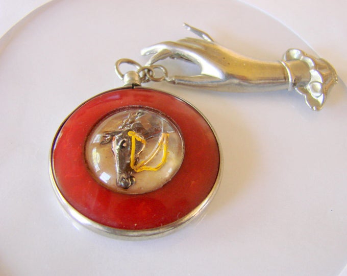 Vintage Celluloid Red Horse Pendant Brooch Hand Motif Convex Photo Cover Equestrian Jewelry Jewellery