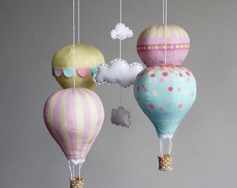Nursery decor DIY baby mobile kit hot air balloon - modern nursery decor, Candy Floss, pink, cream, yellow, blue
