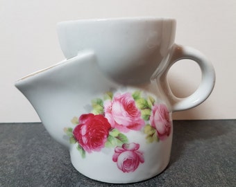 Vintage Shaving Mug / Ceramic Shaving Scuttle ~ White Decorated With Pink Roses ~ Marked 'Foreign'